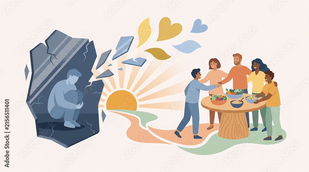 Fototapeta premium Illustration of eating disorder recovery, showing emotional isolation, family support, healing, acceptance, and hope in a warm setting