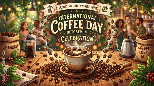 International Coffee Day illustration with diverse people and beans.
