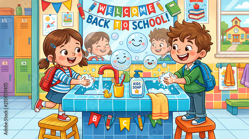 Cartoon illustration of kids washing hands at school sink.