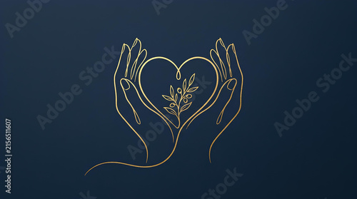 Line art hands forming heart with leaf sprig.