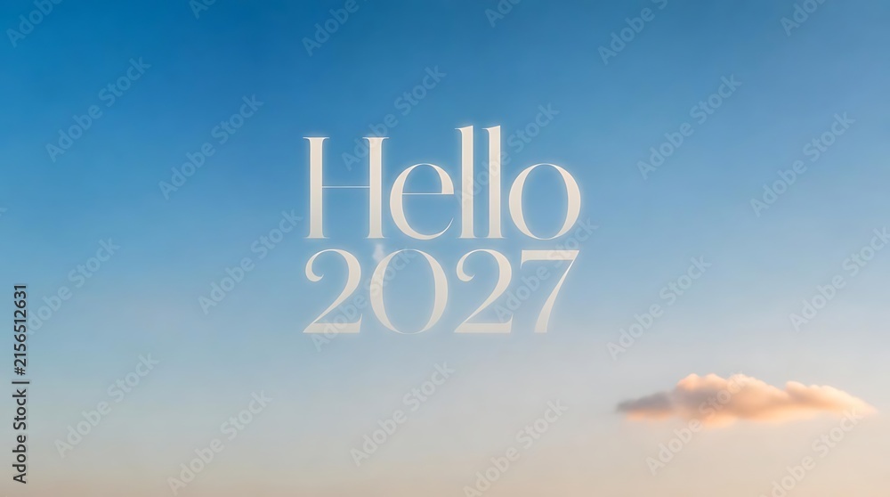 Fototapeta premium Hello 2027 text on a soft blue sky background with clouds.