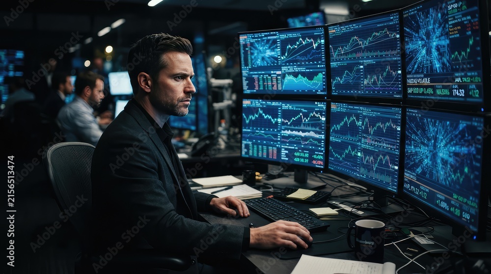 Fototapeta premium Professional male financial trader in a suit monitoring real-time stock market data and complex financial charts on multiple computer monitors