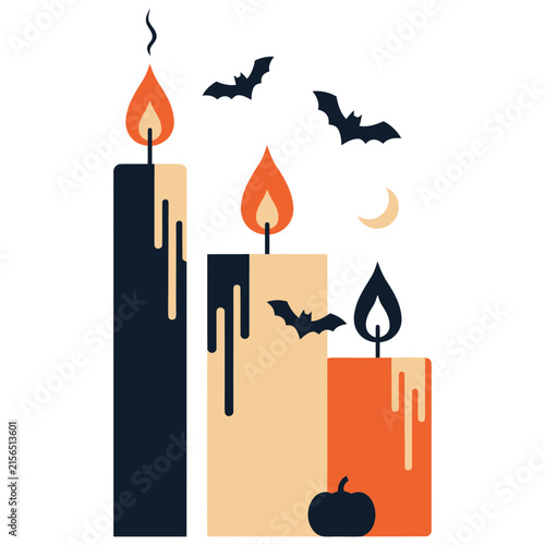 Three Halloween candles with bats and a pumpkin during a spooky night isolated on white background
