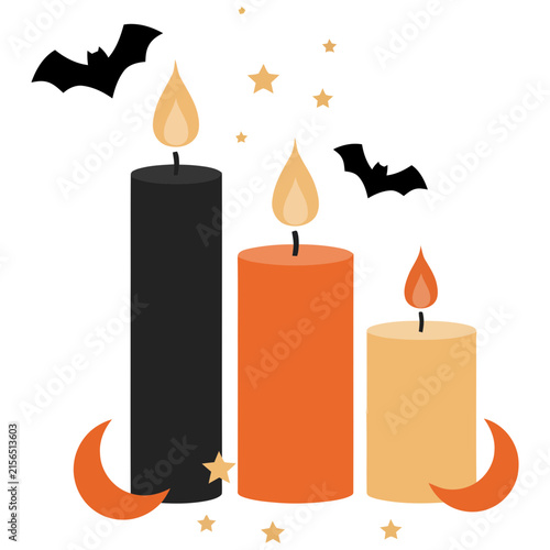 Three lit Halloween candles with bats and stars during a spooky night Isolated on white background
