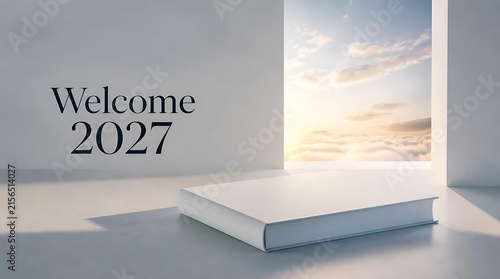 Welcome 2027 text on wall with open door and book.