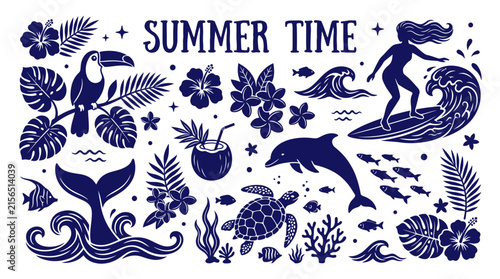Tropical marine life and floral elements in a blue vector illustration