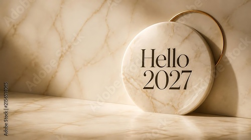 Hello 2027 text on marble coaster with natural light and shadows.