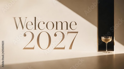 Elegant Welcome 2027 New Year Celebration with Champagne Glass and Shadows.