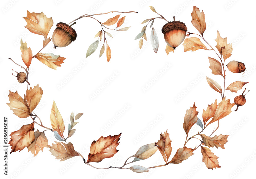 Fototapeta premium PNG Acorn border watercolor plant white background vegetable.