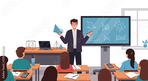 A dedicated teacher explains geometric concepts to students in a modern classroom with a digital board and learning aids.