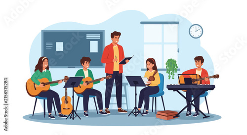 A music teacher leads a group of diverse students in a lively instrumental class, fostering a love for music education.