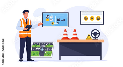 Driving Instructor Demonstrating Road Rules and Traffic Scenarios with Visual Aids and Safety Cones