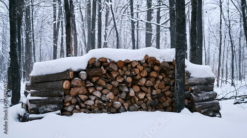 Serene winter forest scene showcasing a cozy woodpile dusted with fresh snow evokes peaceful warmth