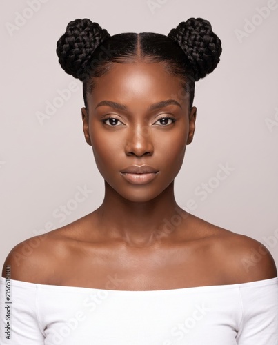 Woman Double Bun Braided Hairstyle Studio Beauty Portrait