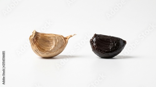 Fermented Black Garlic and Peeled one Isolated on White Background. Generative AI