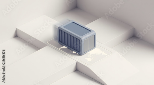 Minimal 3D illustration of a cargo container on world map for international trade and logistics