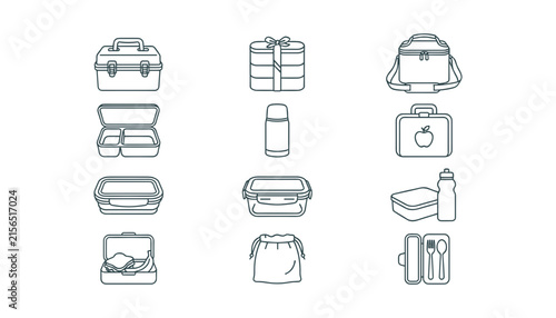  Portable Food Container Icon Set Featuring Lunch Boxes, Meal Prep Cases, Water Bottles, Cutlery, Sandwich Bags, and Picnic Accessories.
