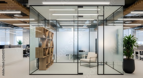 Modern glass meeting room with wooden shelving and white chair in bright open office on transparent