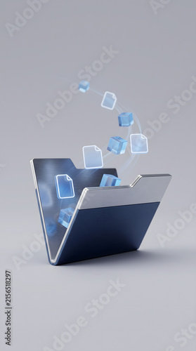 3D rendering of a blue metallic file folder with glowing document icons and glass data blocks