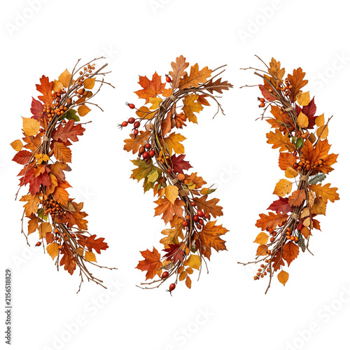 Autumn leaf garland with vibrant fall foliage and berries on transparent background.