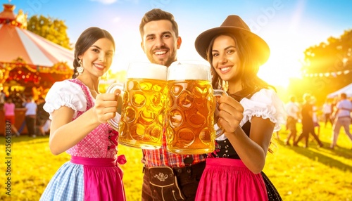 Oktoberfest People Holding Beer and Pretzels Outdoors Illustration