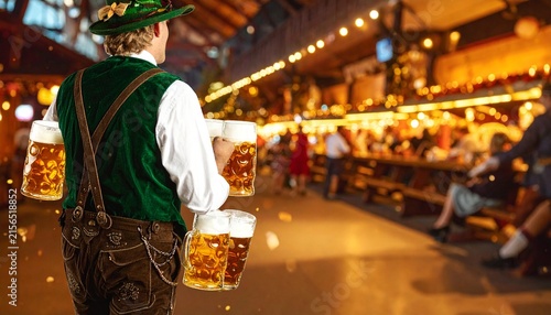 Oktoberfest Bavarian Man Carrying Beer Mugs in Festive Garden Illustration