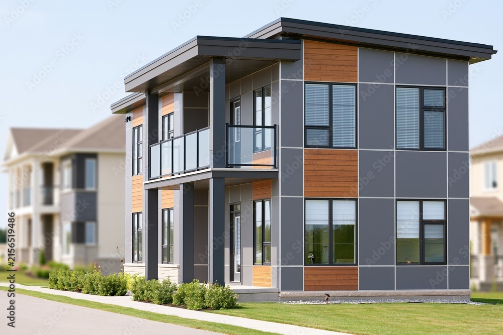 Fototapeta premium Modern Residential Duplex House with Contemporary Architectural Design and Landscaping