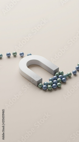 3D horseshoe magnet attracting metallic spheres symbolizing business lead generation and growth
