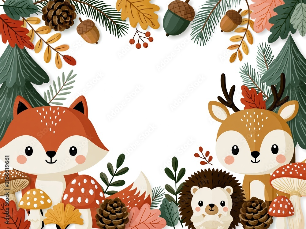 Obraz premium Cute Autumn Forest Animals with Fall Foliage, Pinecones, and Mushrooms Border