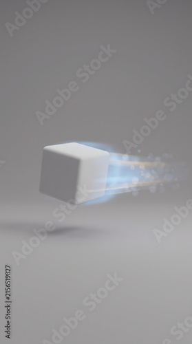 White 3D cube flying rapidly with glowing blue energy motion trails for technology concepts
