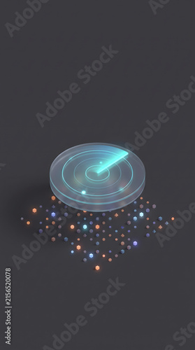 Glowing digital radar interface scanning geometric data particles in a futuristic isometric view.
