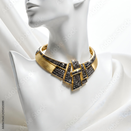 Elegant gold and black crystal statement necklace on mannequin with necklace crystals accessories mannequin gemstone