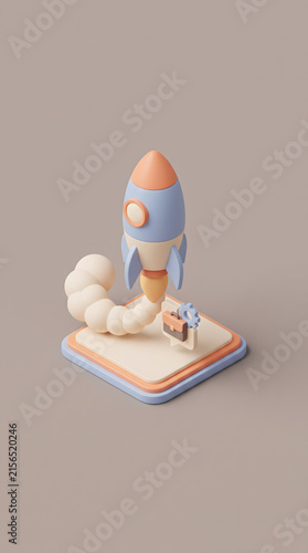3D rocket launching from platform with briefcase and gear for business startup growth concept