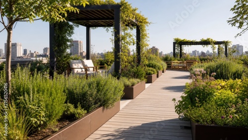 Serene Rooftop Garden with Lush Greenery and Comfortable Seating Area in Urban Setting
