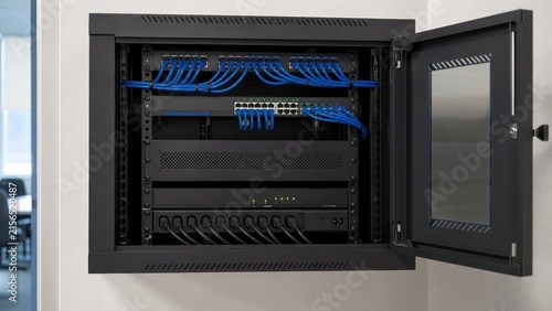 Modern Network Rack with Cables and Equipment in a Workspace Environment