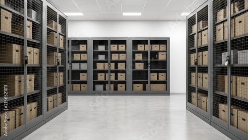Organized Storage Room with Metal Shelves and Cardboard Boxes in Modern Design