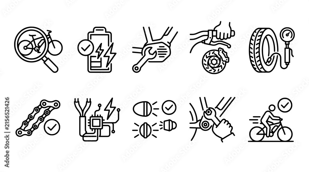 Fototapeta premium E-bike maintenance and component repair line icon set for electric bicycle service with maintenance electric mechanic transport