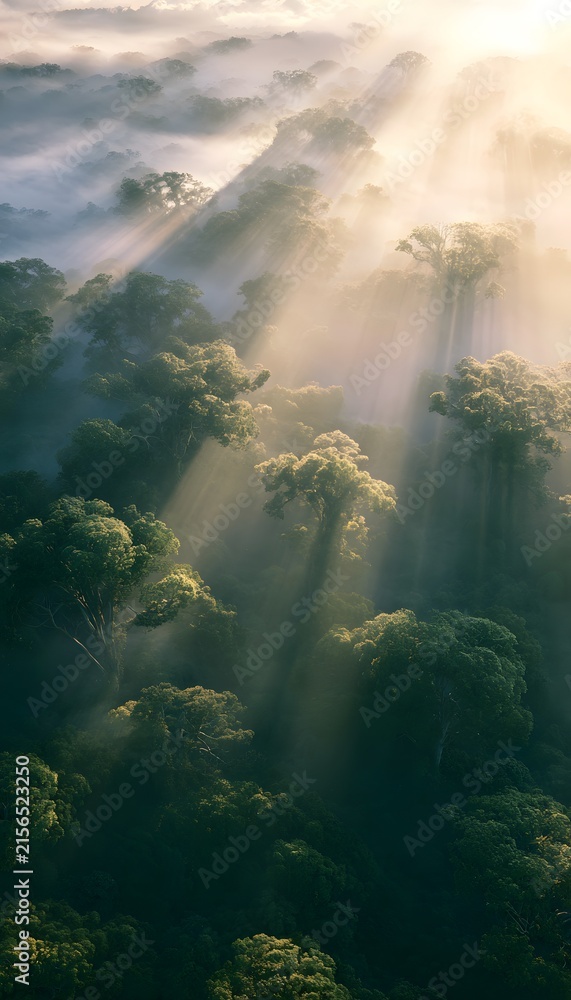 Fototapeta premium Golden sunrise illuminates a tranquil misty valley serene landscape photography evokes peace and wonder