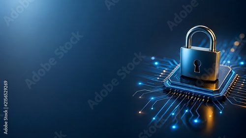 Metallic padlock secured on computer chip with glowing circuit board