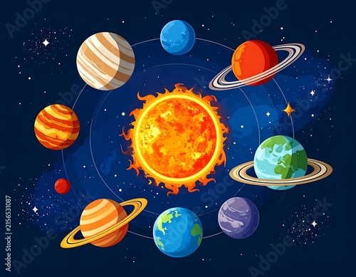 Solar system planets and celestial bodies orbiting in space.