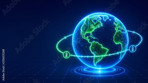 Isometric neon climate monitoring station with a glowing globe showing temperature data rings and cloud icons 3D climate change and environment concept with copy space