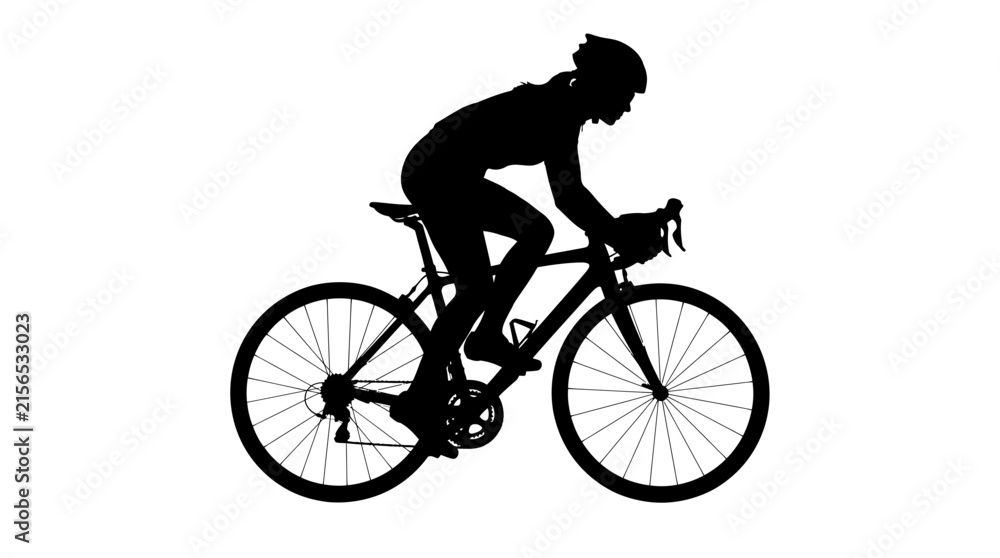 Naklejka premium Female cyclist riding a professional road bike isolated on a white background in dark black silhouette