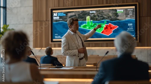 Municipal engineer presenting an AI urban planning simulation of a flood-resilient district to city council members seated in a formal chamber, interactive zoning overlays