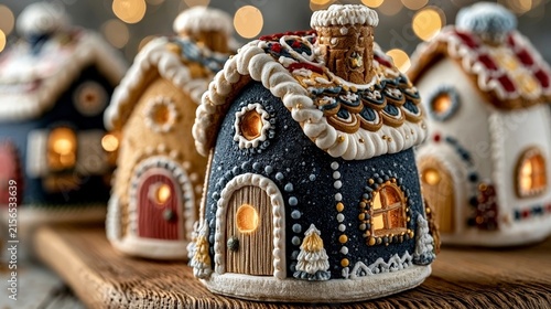 Festive gingerbread houses decorated with icing and lights, arranged on a wooden surface with a warm bokeh background.
