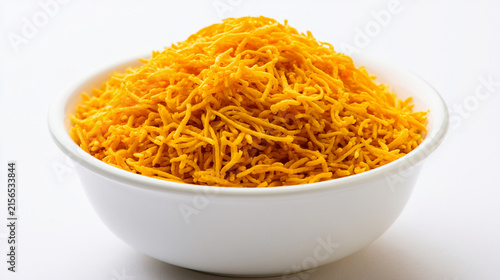 Bowl of aloo bhujia isolated on white background