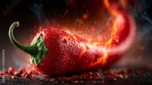 A vibrant red chili pepper engulfed in flames and smoke against a dark background, emphasizing heat and spice.