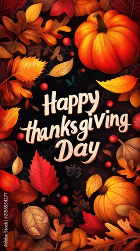 Happy Thanksgiving Greeting Card with Calligraphy Text and Autumn Leaves and Pumpkins Decorative in Dark Background