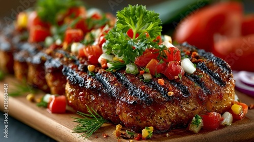 A close-up of a grilled meat dish garnished with fresh herbs, tomatoes, and onions, presented on a wooden board with warm lighting and soft shadows.