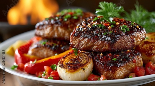 A close-up of juicy roasted meat with grilled vegetables and fresh herbs, illuminated by warm cinematic lighting against a dark background with a soft flame glow.