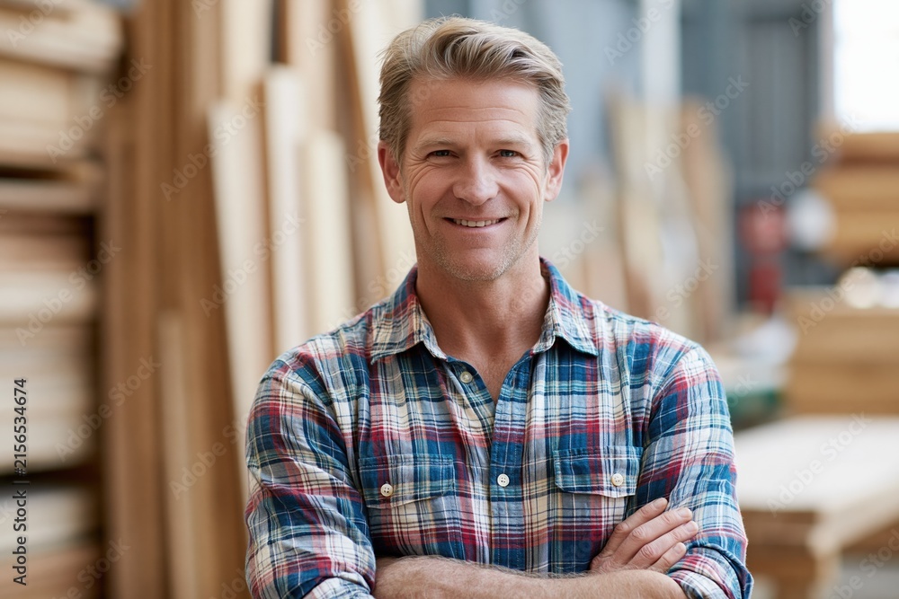 Obraz premium Smiling Carpenter in Plaid Shirt with Arms Crossed in Lumberyard
